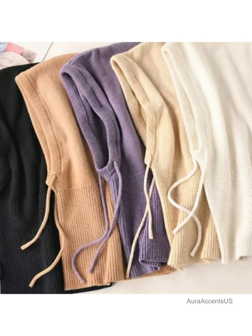 2-in-1 Hooded Scarf Knit Beanie Balaclava Neck Warmer Winter Outdoor